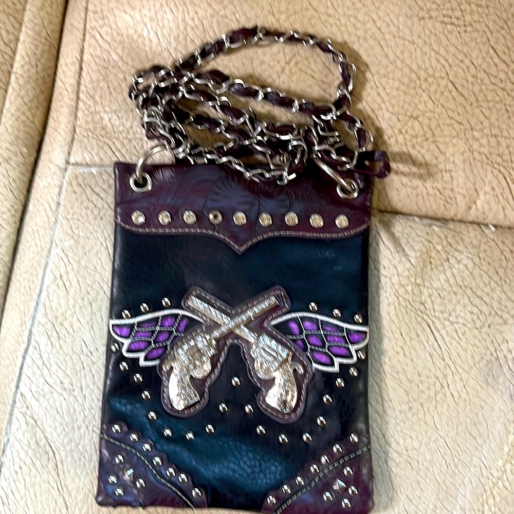 Preloved riding clutch Purple and Black with With nine crystals across the top